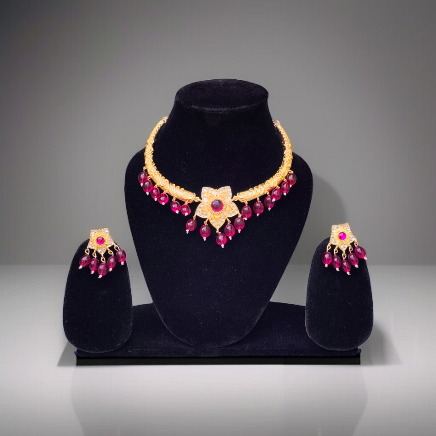 Rajputi Red Gold Plated Jewelry Set - Traditional Rajasthani Necklace Earrings Set with Kundan Work for Wedding, Party & Festival Wea