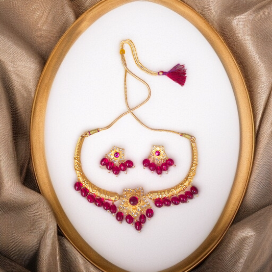 Rajputi Red Gold Plated Jewelry Set - Traditional Rajasthani Necklace Earrings Set with Kundan Work for Wedding, Party & Festival Wea